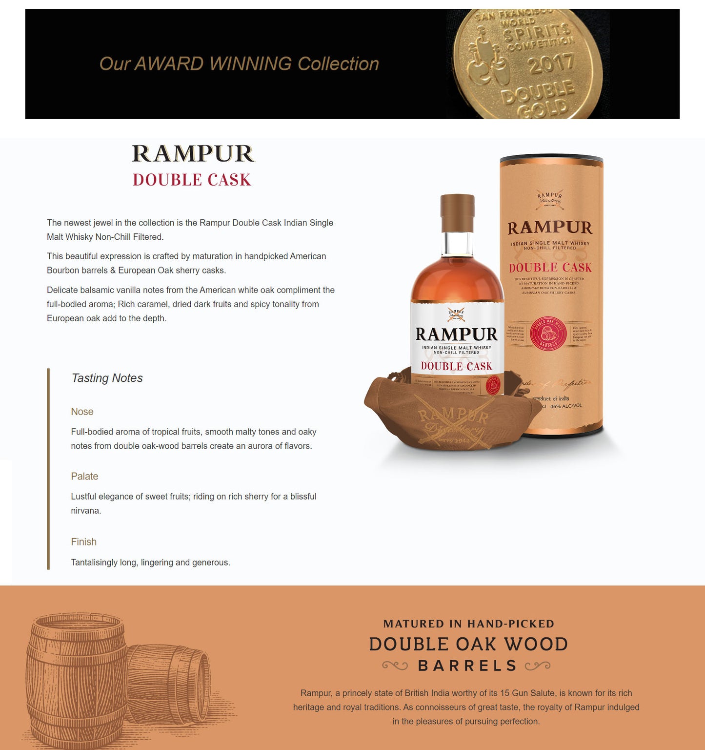 Rampur Double Cask Indian Single Malt Whisky ABV 45% Vol 700ml / 70cl