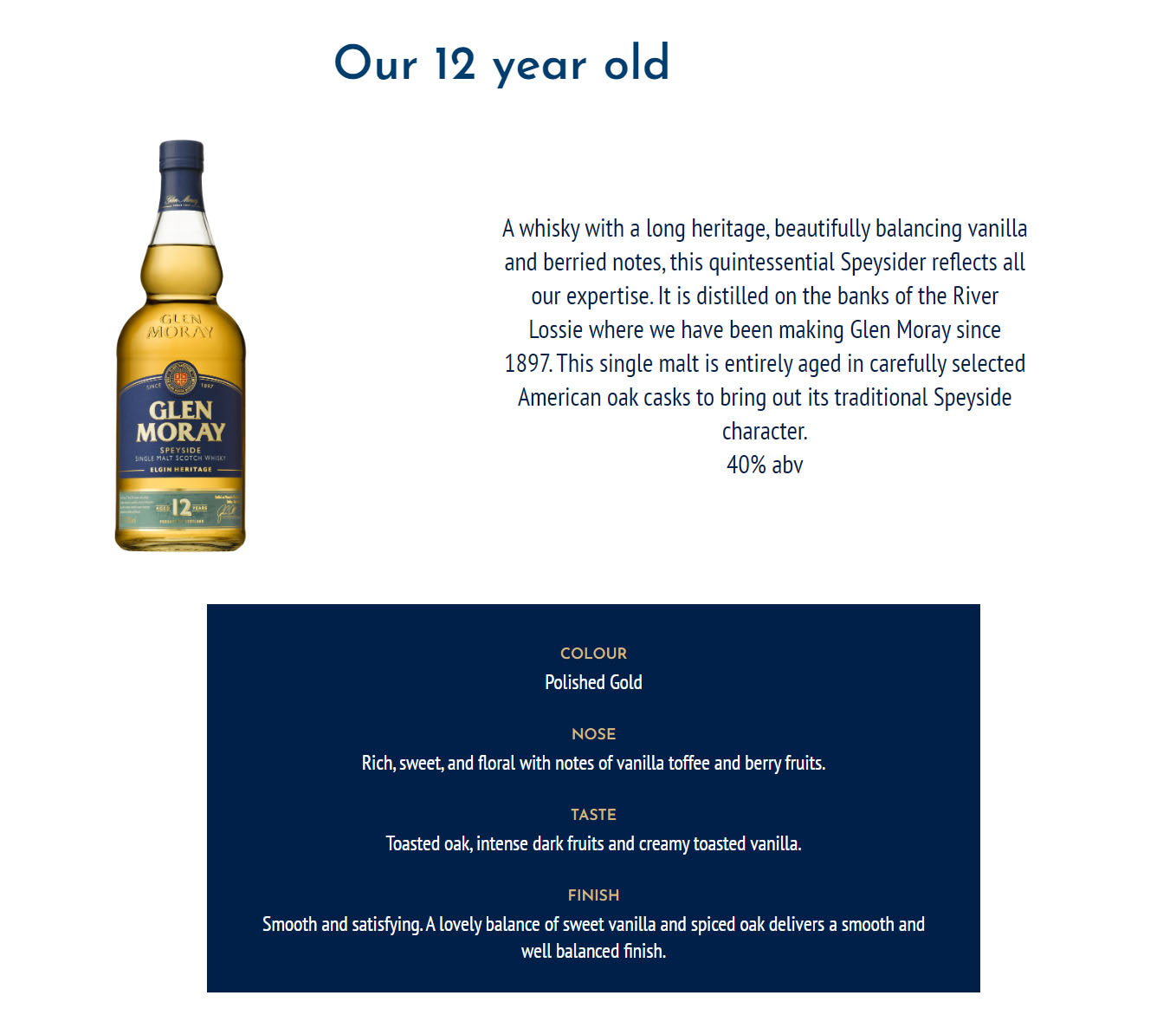 Glen Moray 12 Year Old Speyside Single Malt Scotch Whisky ABV 40% Vol 700ml / 70cl (No Box)