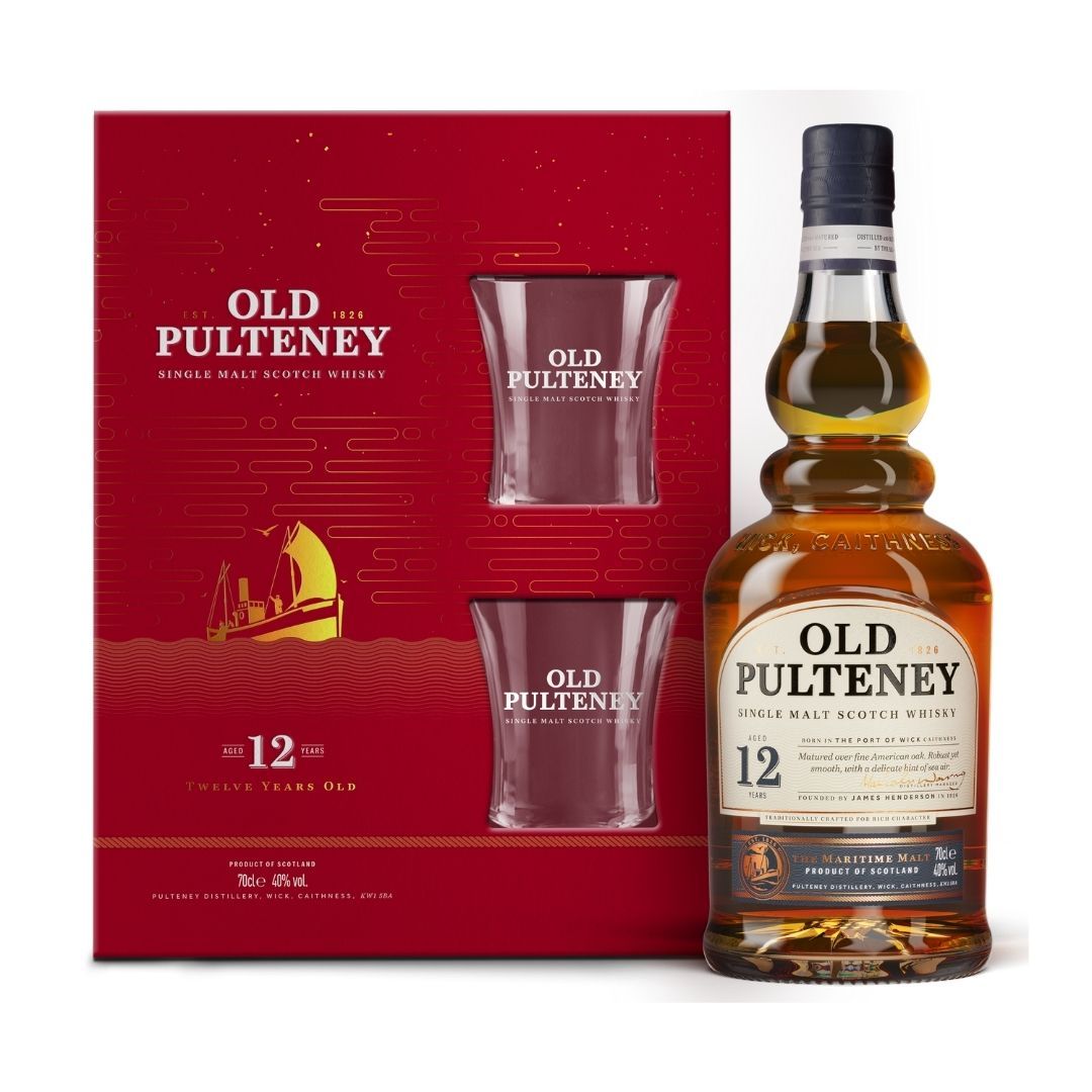 Old Pulteney 12 Year Old Matured Over Fine American Oak Highland Single Malt Scotch Whisky ABV 40% Vol 70cl / 700ml (FREE 2 Whisky Glass) Gift Set