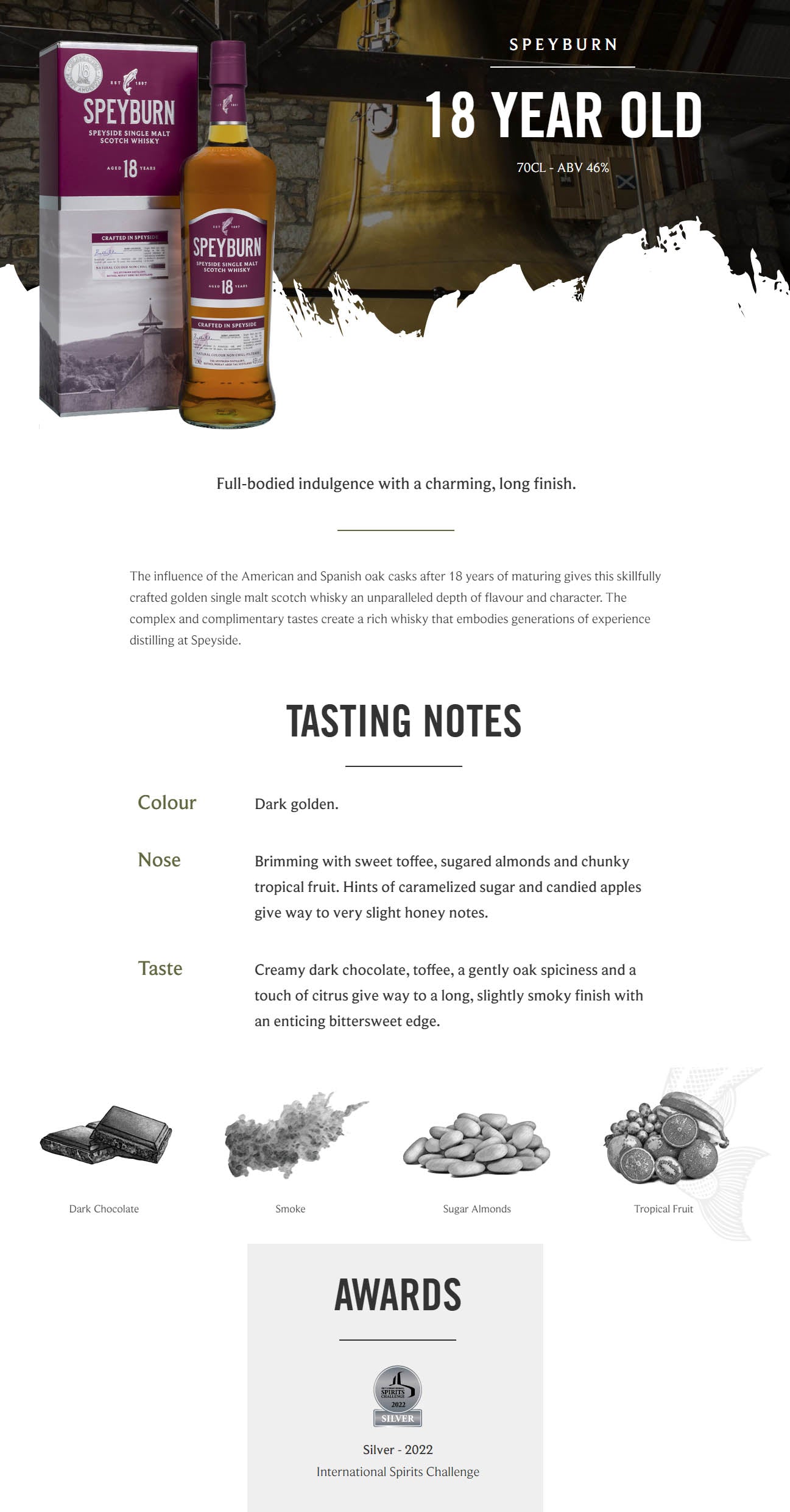 Speyburn 18 Year Old (World Spirits Competition 2020 Gold) Speyside Single Malt Scotch Whisky ABV 46% Vol 70cl / 700ml