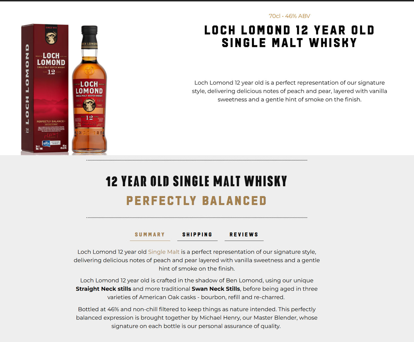 Loch Lomond 12 Year in Specially Selected American Oak Casks Perfectly Balanced Highland Single Malt Whisky ABV 46% Vol 70cl / 700ml