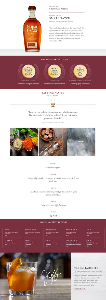 Elijah Craig Small Batch Kentucky Straight Bourbon 94 Proof ABV 47% Vol 70cl / 700ml