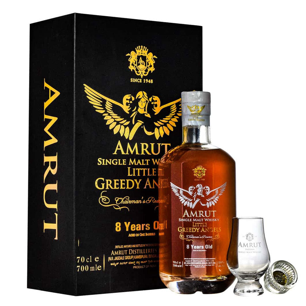 Amrut 8 Year Old Little Greedy Angels with Whisky Glass Gift Set Single Malt Indian Whisky ABV 50% Vol 70cl / 700ml