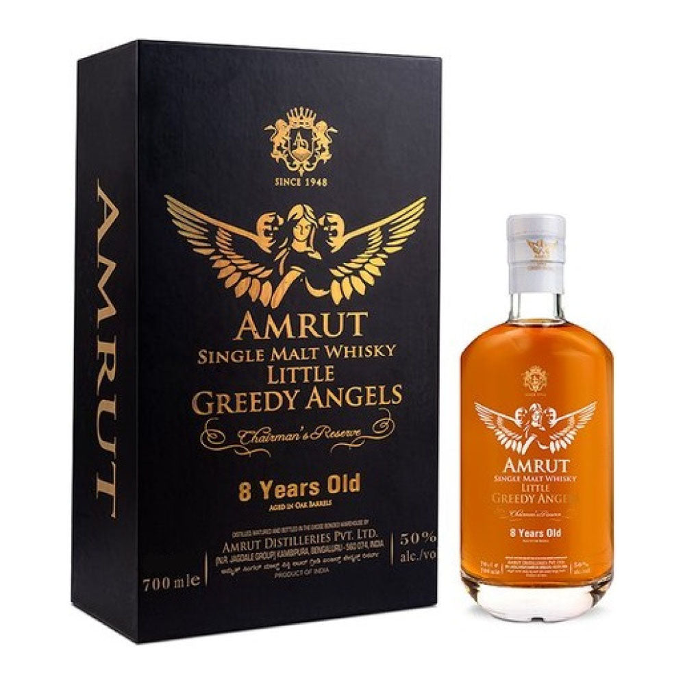 Amrut 8 Year Old Little Greedy Angels with Whisky Glass Gift Set Single Malt Indian Whisky ABV 50% Vol 70cl / 700ml