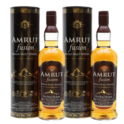 Amrut Fusion (Subtle Fusion of Indian and Scottish Barleys to Produce a Malt Whisky Rich in Flavour and Character) Single Malt Indian Whisky ABV 50% 70cl / 700ml x 2 Bottles