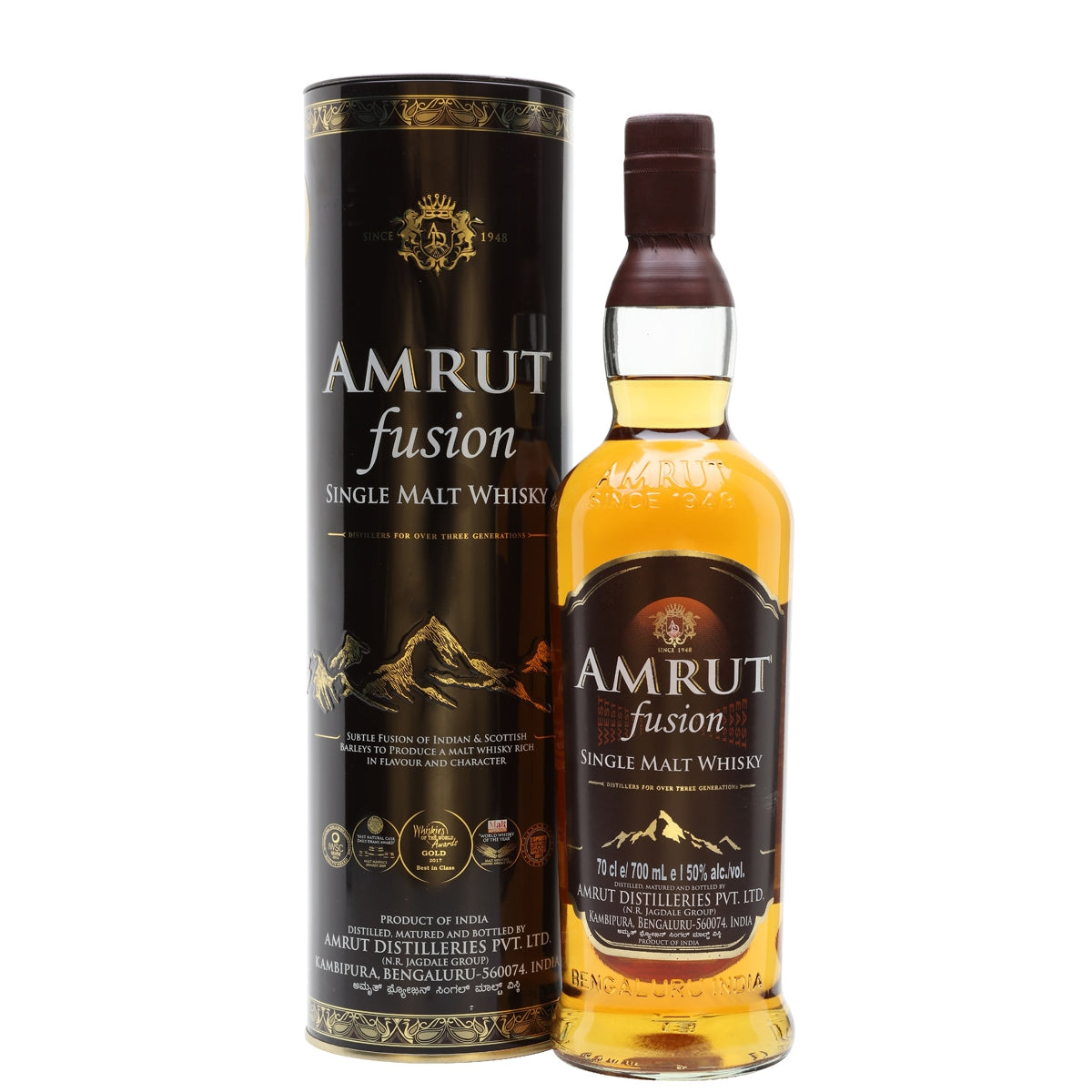 Amrut Fusion (Subtle Fusion of Indian and Scottish Barleys to Produce a Malt Whisky Rich in Flavour and Character) Single Malt Indian Whisky ABV 50% 70cl / 700ml x 2 Bottles