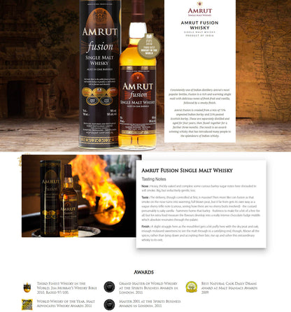 Amrut Fusion (Subtle Fusion of Indian and Scottish Barleys to Produce a Malt Whisky Rich in Flavour and Character) Single Malt Indian Whisky ABV 50% 70cl / 700ml x 2 Bottles