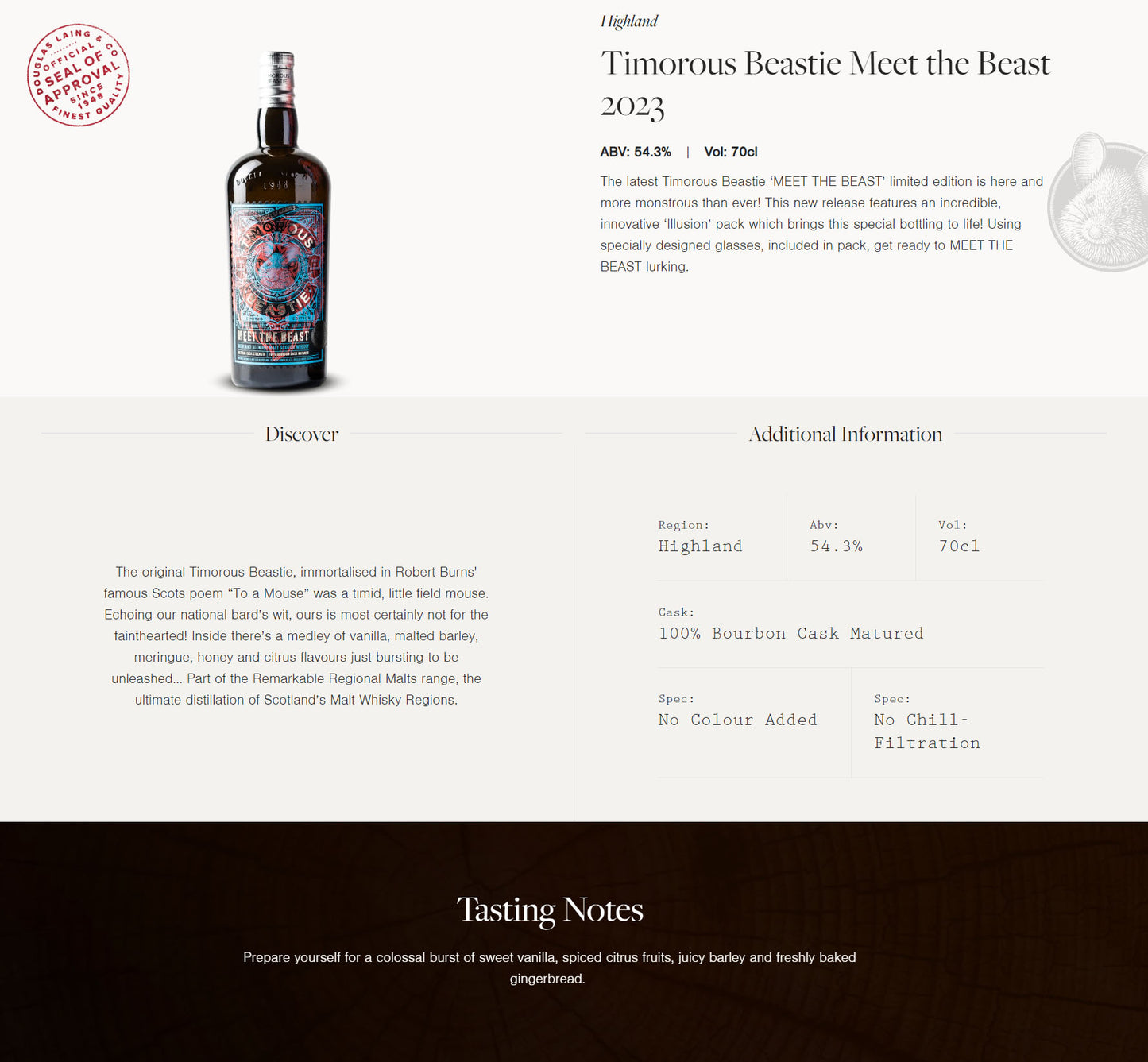Douglas Laing's Timorous Beastie Meet The Beast Limited Edition 100% Bourbon Cask Matured Natural Cask Strength Highland Blended Malt Scotch Whisky ABV 54.3% Vol 70cl / 700ml