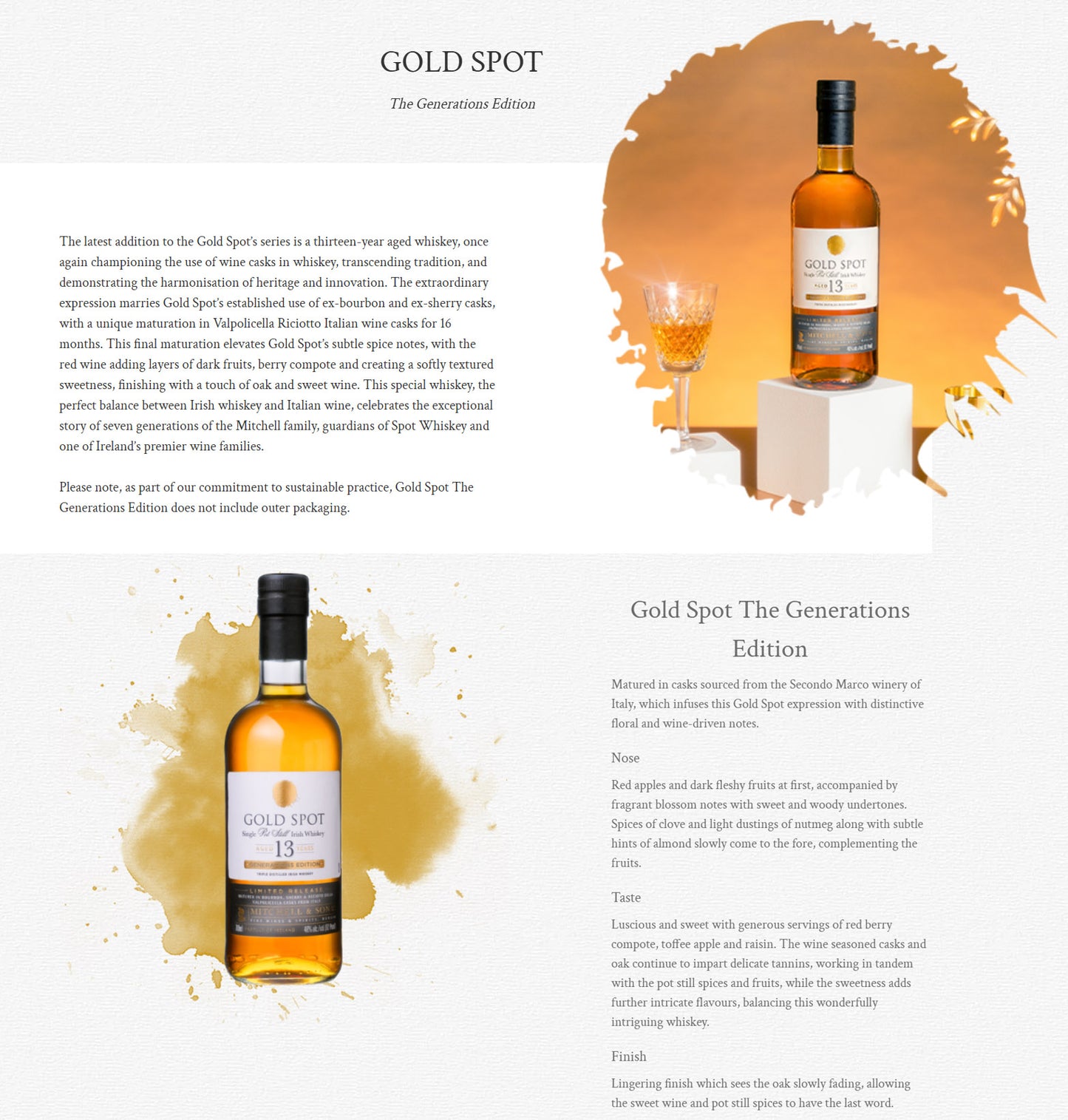 Gold Spot 13 Year Old Generations Edition Single Pot Still Irish Whiskey ABV 46% Vol 70cl / 700ml