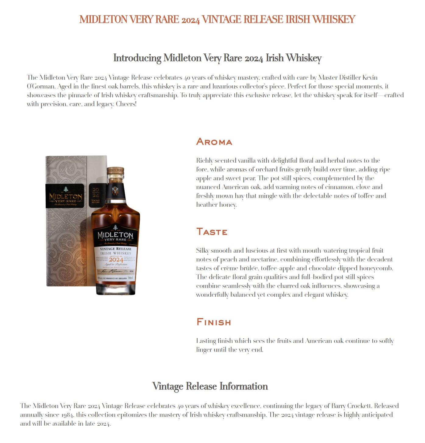 Midleton Very Rare 2024 Vintage Release Irish Whiskey ABV 40% Vol 70cl / 700ml