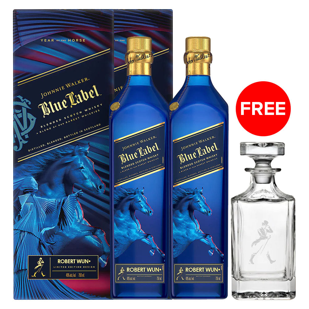 (Bundle of 2 Bottles) Johnnie Walker Blue Label Year Of The Horse Limited Lunar New Year Edition Blended Scotch Whisky ABV 40% Vol 75cl / 750ml (Free Decanter)