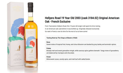 Hellyers Road 19 Year Old 2003 (cask 3184.02) Original American Oak - French Exclusive ABV 61.1% 700ml
