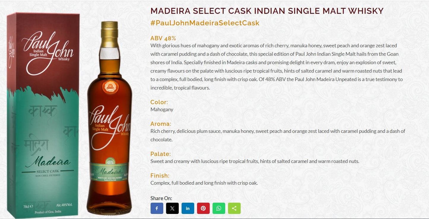 Paul John Madeira Select Cask Indian Single Malt Whisky ABV 48% 700ml