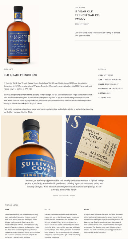 Sullivans Cove 17 Year French Oak Ex Tawny Single Cask TD0187 ABV 47.0% 700ml