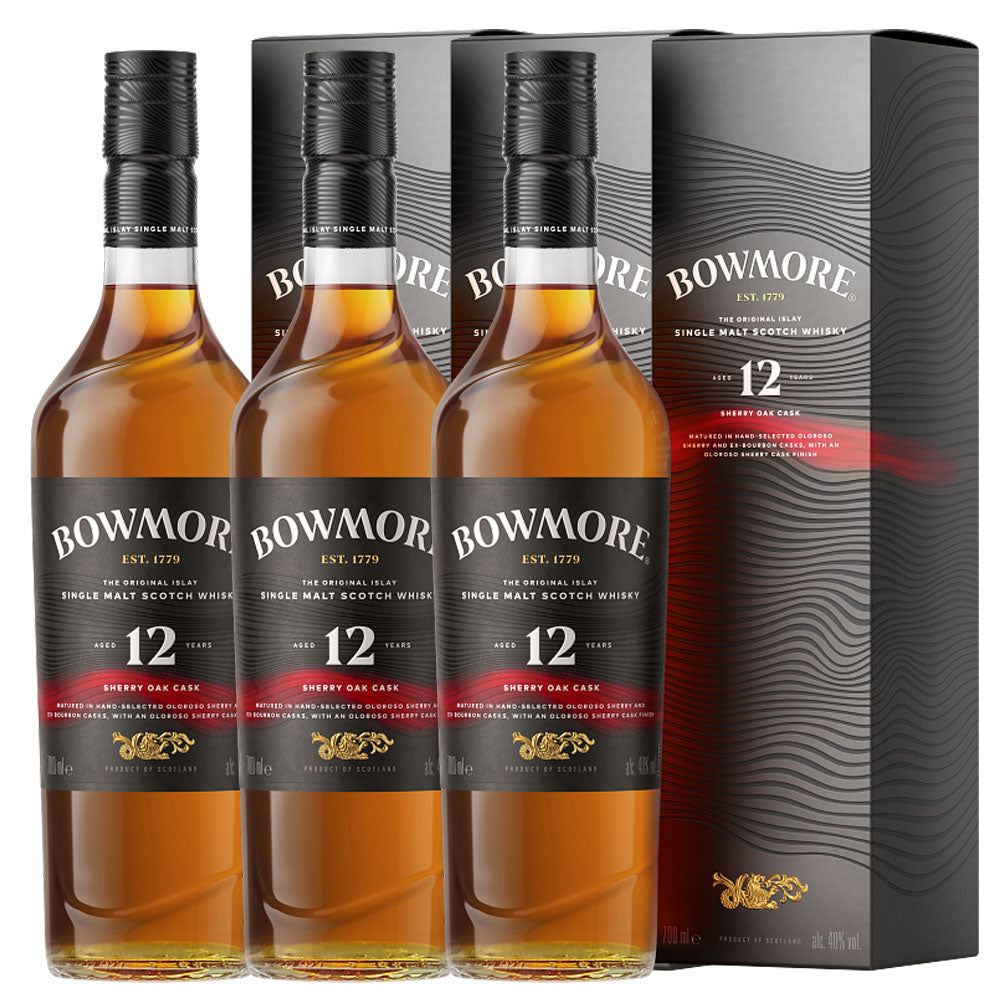 Bundle of 3 Bottles Bowmore 12 Year Sherry Oak Cask ABV 40% 700ml with Box