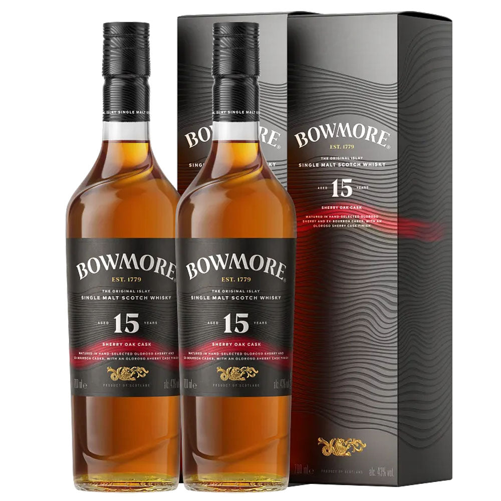 Bundle of 2 Bottles Bowmore 15 Year Sherry Oak Cask ABV 43% 700ml with Box