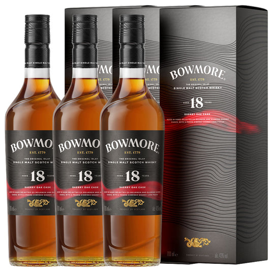 Bundle of 3 Bottles Bowmore 18 Year Sherry Oak Cask ABV 43% 700ml with Box