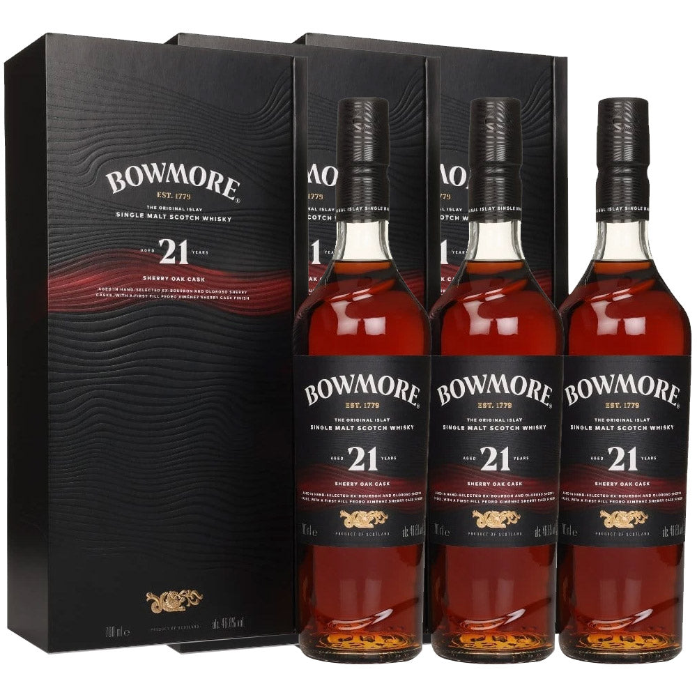 Bundle of 3 Bottles Bowmore 21 Year Old Sherry Oak Cask ABV 46.8% 700ml