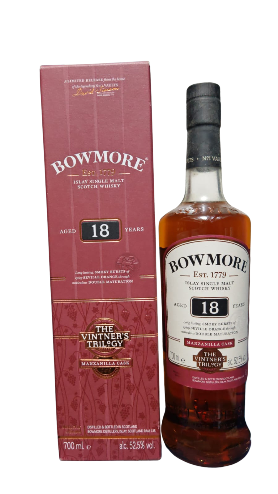 Bowmore 18 Year Old Vintner's Trilogy Double Matured First 13 Years in Ex-Bourbon Barrels then for 5 Years in Manzanilla Sherry Casks Islay Single Malt Scotch Whisky ABV 52.5% Vol 700ml / 70cl