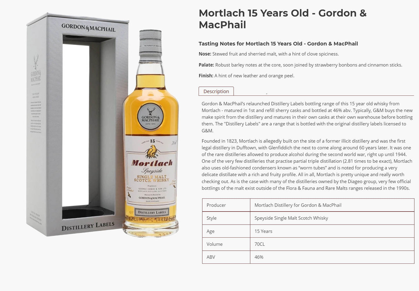 Mortlach 15 Year Old Gordon & Macphail Speyside Single Malt Scotch Whisky ABV 46% Vol 70cl / 700ml (No Box)