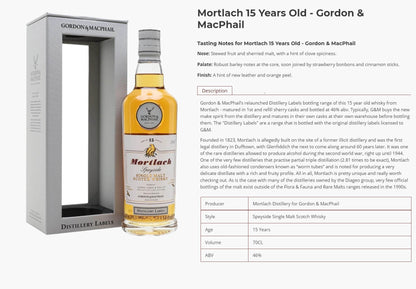 Mortlach 15 Year Old Gordon & Macphail Speyside Single Malt Scotch Whisky ABV 46% Vol 70cl / 700ml (No Box)