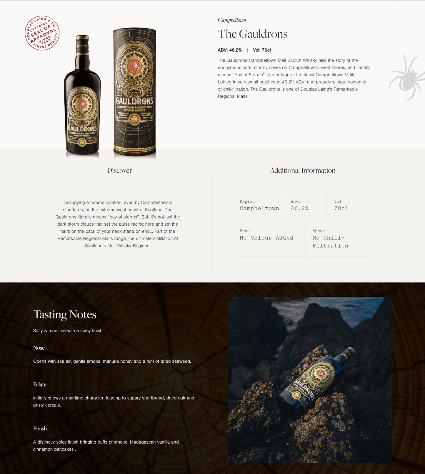 Douglas Laing's The Gauldrons Specialist Small Batch Bottling Non Chill Filtered No Colouring Campbeltown Blended Malt Scotch Whisky ABV 46.2% 70cl/700ml With Gift Box