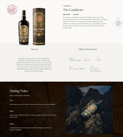 Douglas Laing's The Gauldrons Specialist Small Batch Bottling Non Chill Filtered No Colouring Campbeltown Blended Malt Scotch Whisky ABV 46.2% 70cl/700ml With Gift Box