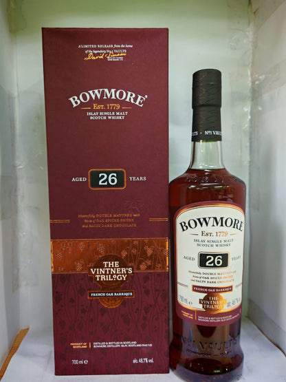 Bowmore 26 Year Old Vintner's Trilogy French Oak Barrique Double Matured 13 Years Ex-Bourborn and 13 Years Wine Barriques Limited Release Islay Single Malt Scotch Whisky ABV 48.7% Vol 700ml / 70cl with Gift Box