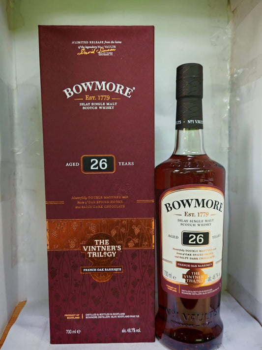 Bowmore 26 Year Old Vintner's Trilogy French Oak Barrique Double Matured 13 Years Ex-Bourborn and 13 Years Wine Barriques Limited Release Islay Single Malt Scotch Whisky ABV 48.7% Vol 700ml / 70cl with Gift Box