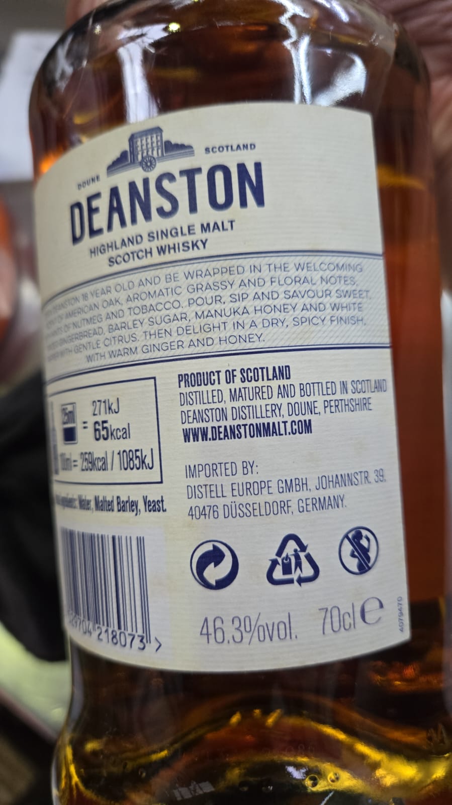Deanston 18 Year Old Highland Single Malt Scotch Whisky ABV 46.3% 70cl /700ml with Gift Box (Box & Label is not in good condition