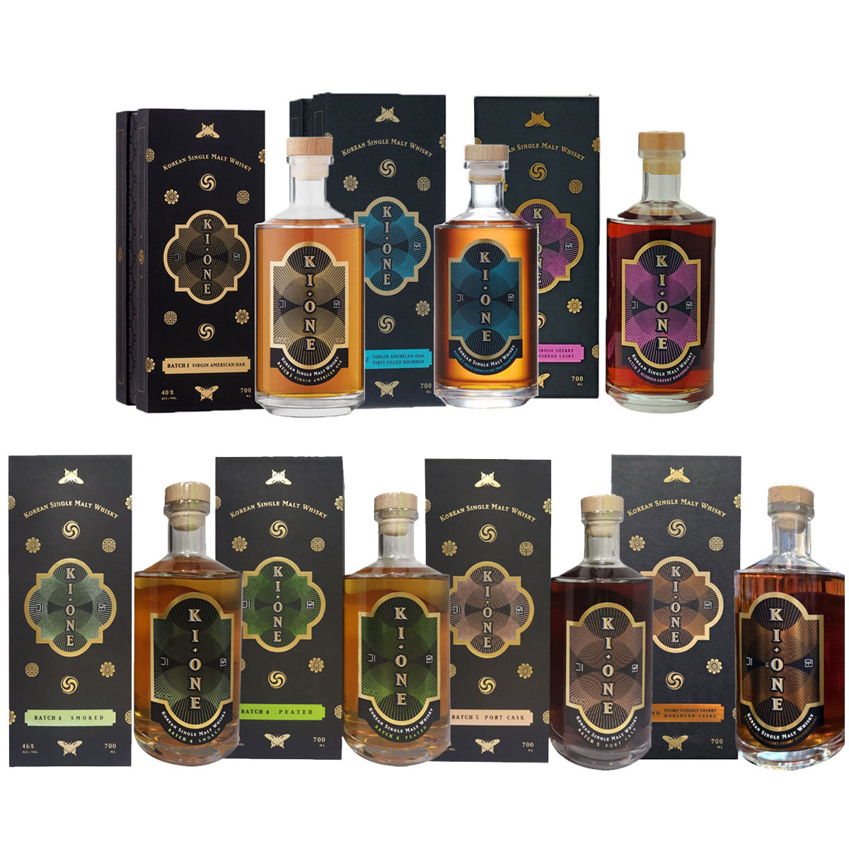 (Bundle Deals) Ki One Batch 1 + Batch 2 + Batch 3 + Batch 4 Smoked + Batch 4 Peated + Batch 5 Port Cask + Batch 6 PX Sherry Korean Single Malt Whisky Vol 70cl / 700ml