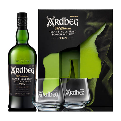Ardbeg 10 Year Old with 2 Glasses VAP Islay Single Malt Scotch Whisky ABV 46% 70cl With Gift Box (Gift Set)