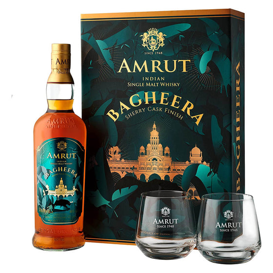 Amrut Bagheera Indian Single Malt Whisky 700ml Gift Set with 2 Glasses Gift Pack