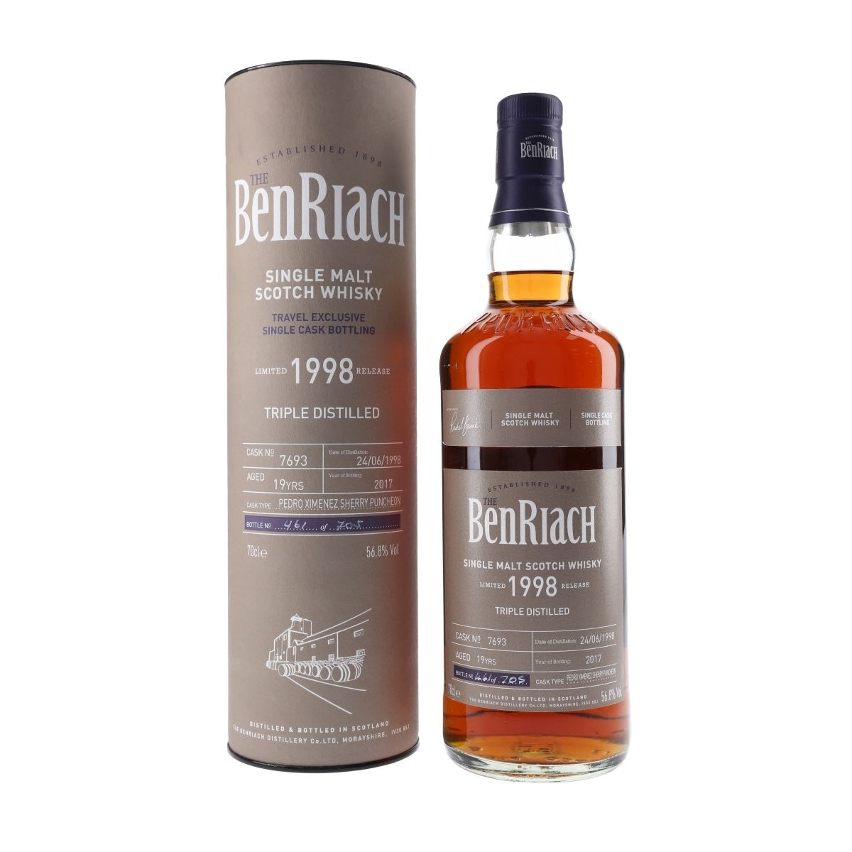 The BenRiach 19 Year Old Limited 1998 Bottled in 2017 Travel Exclusive Single Cask Bottling (Pedro Ximenez Sherry Puncheon) Tripled Distilled Speyside Single Malt Scotch Whisky ABV 56.8% Vol 700ml / 70cl (With Box)