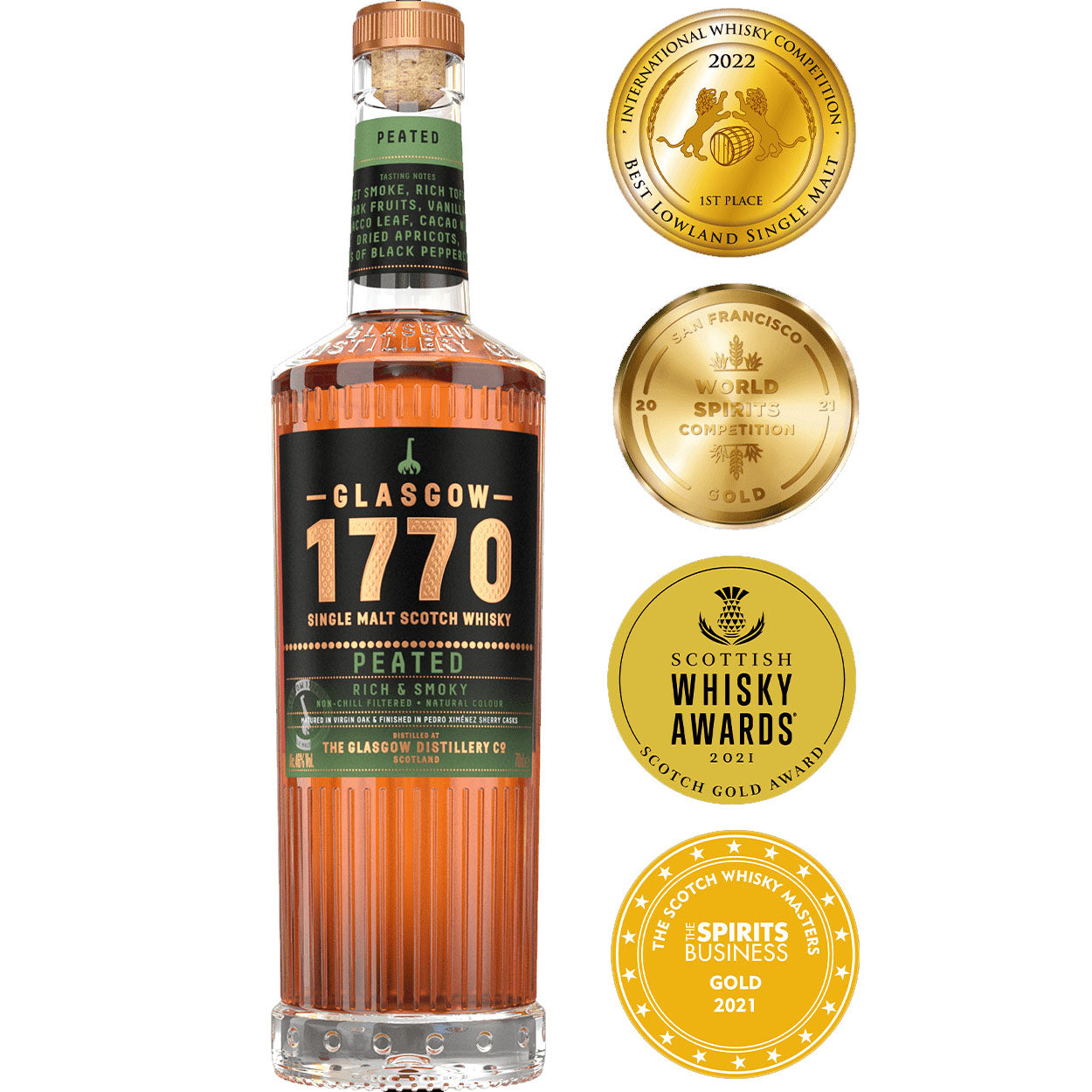 Glasgow 1770 Peated Rich & Smoky Lowland Single Malt Scotch Whisky ABV 46% Vol 70cl / 700ml (With Gift Box)