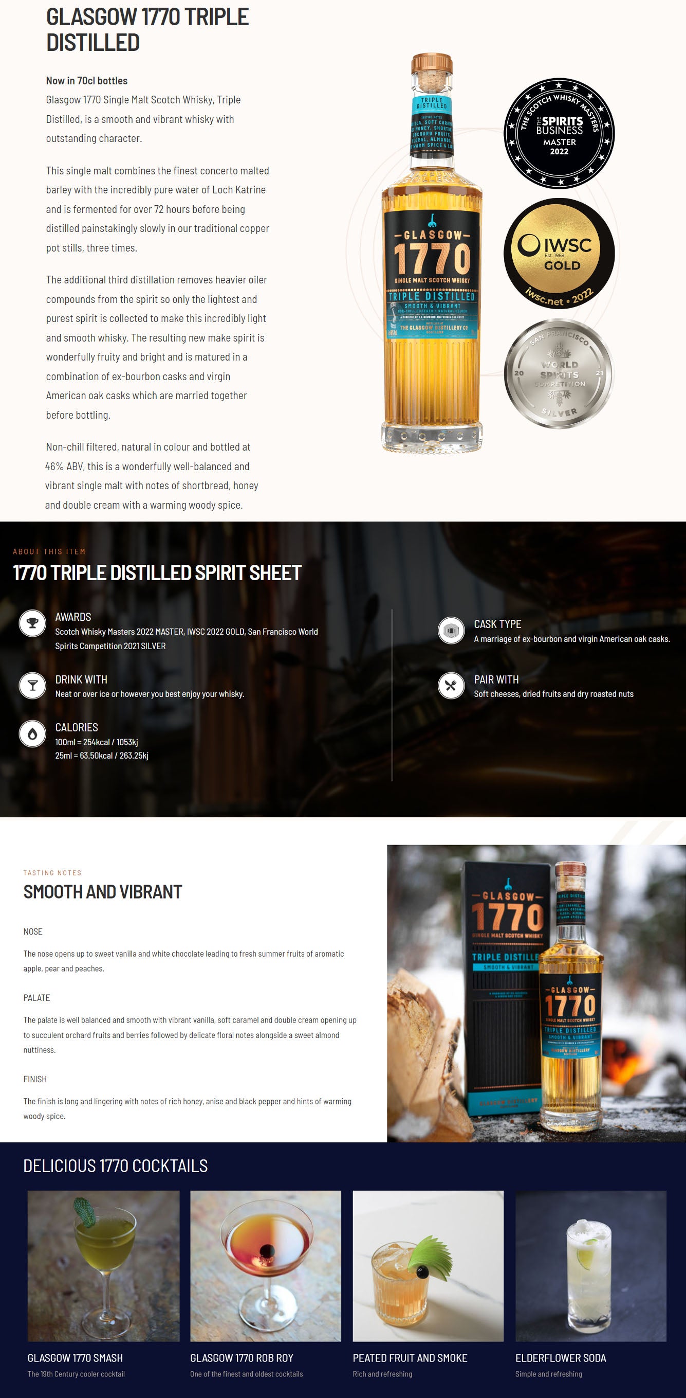 Glasgow 1770 Triple Distilled Smooth Vibrant Lowland Single Malt Scotch Whisky ABV 46% Vol 70cl / 700ml (With Gift Box)