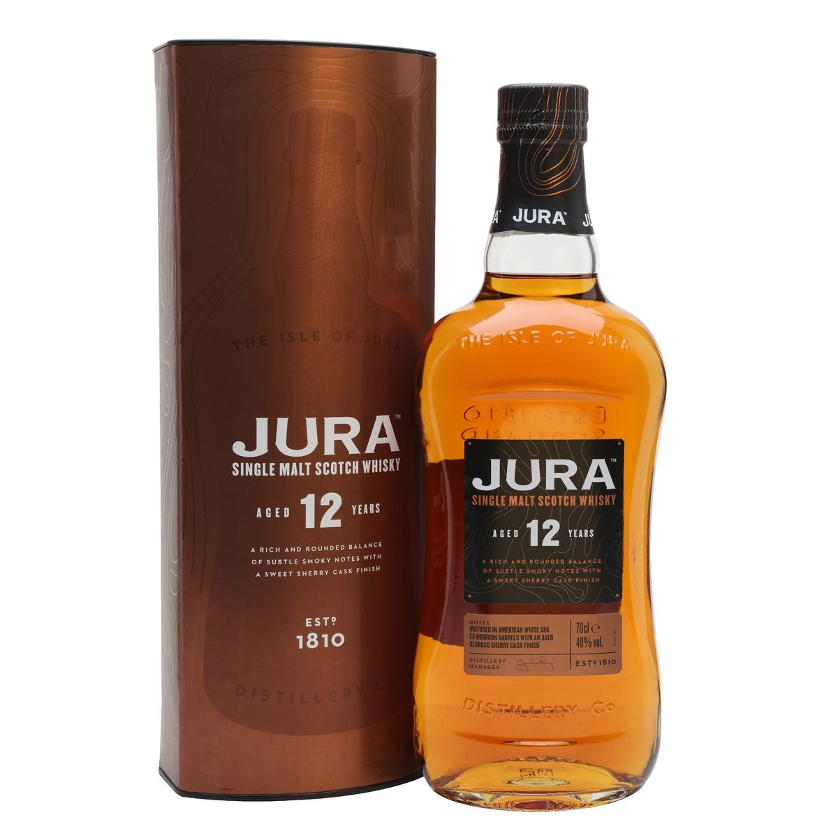 Jura 12 Year Old Matured in American White Oak Ex-Bourbon Barrels with an Aged Oloroso Sherry Cask Finish Island Single Malt Scotch Whisky ABV 40% Vol 700ml / 70cl (With Gift Box)