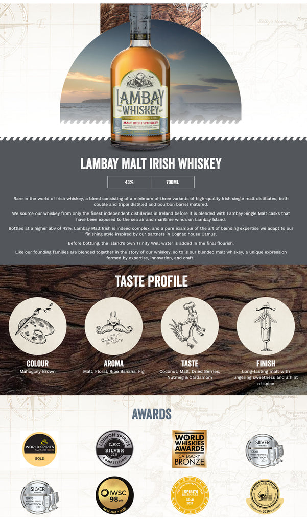 Lambay Malt Irish Whiskey Finished In Cognac Casks ABV 43% 700ml With Gift Box