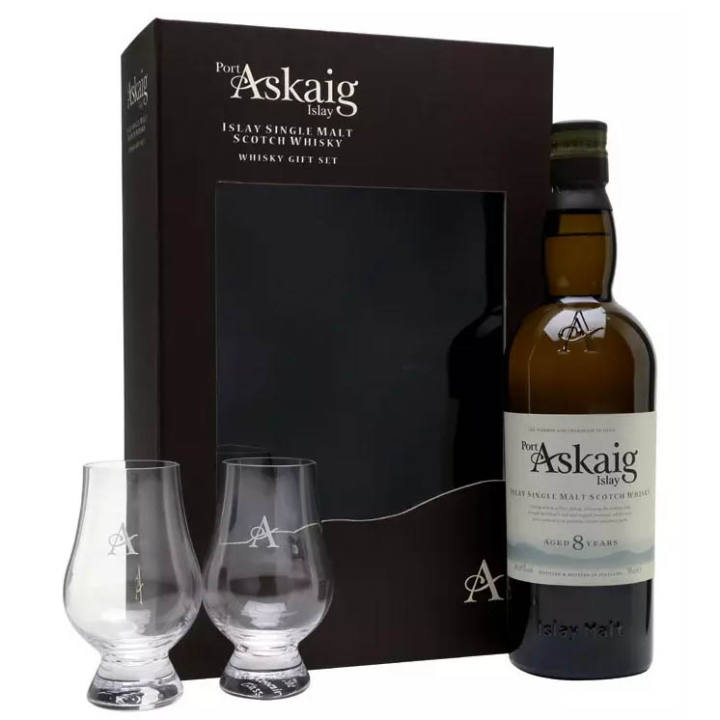 Port Askaig 8 Year Old Scotch Whisky ABV 45.8% 700ml FREE 2 Glass Gift Set