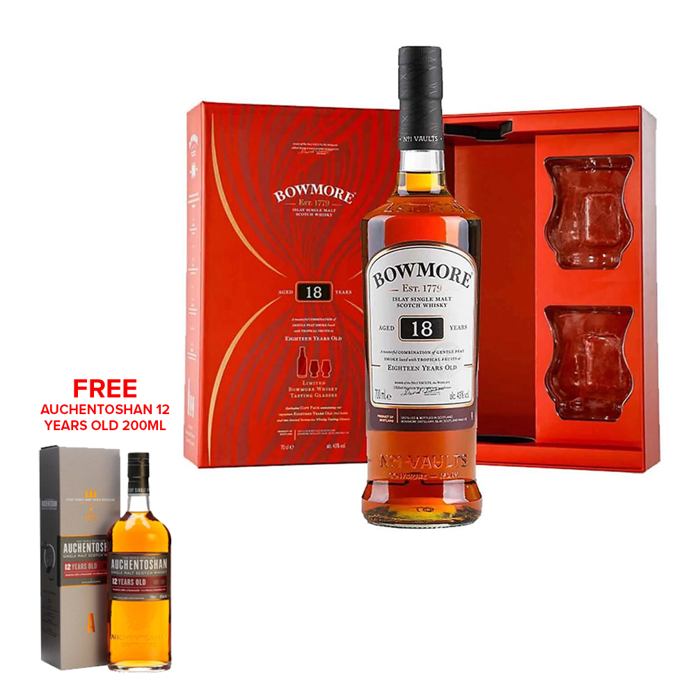 Bowmore 18 Years Old Gift Set with 2 Premium Glassware Free 1 Bottle Auchentoshan 12 Years Old 200ml