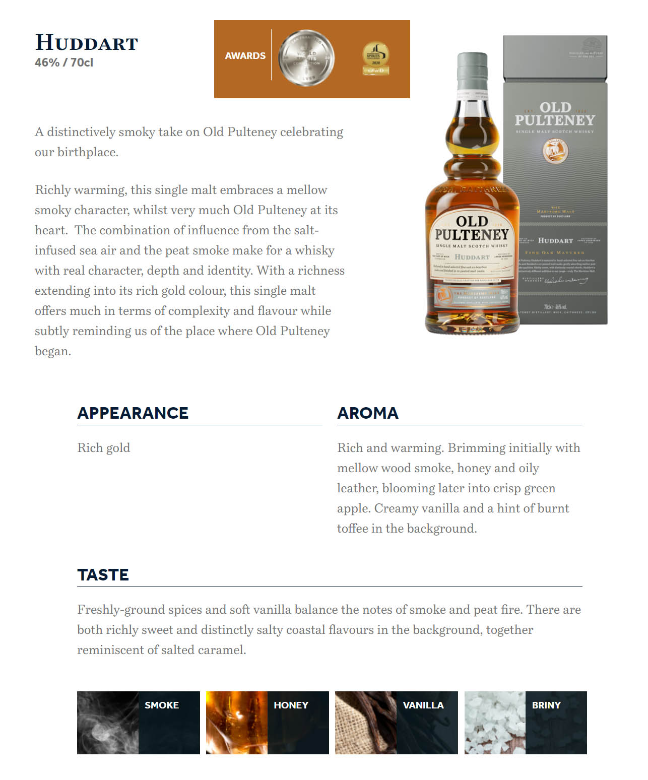 Old Pulteney Huddart Matured in Hand Selected Fine Oak Ex Bourbon Casks and Finished in Ex Peated Malt Casks Highland Single Malt Scotch Whisky ABV 46% Vol 70cl / 700ml (With Gift Box)