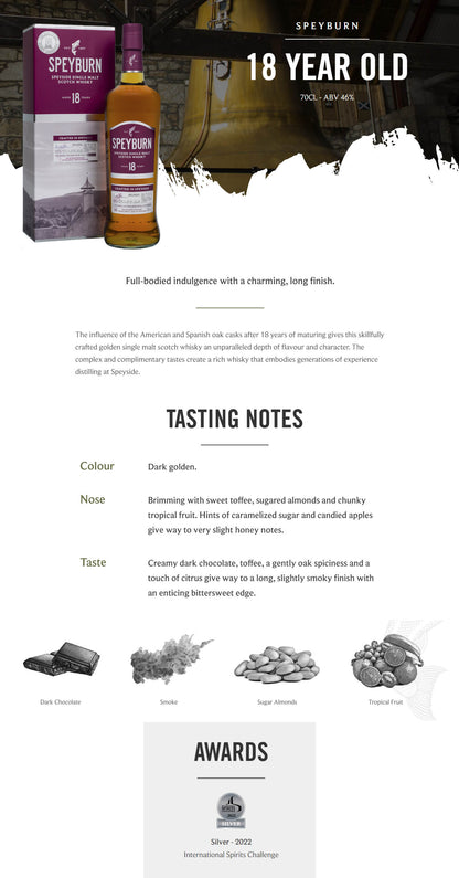 Speyburn 18 Year Old (World Spirits Competition 2020 Gold) Speyside Single Malt Scotch Whisky ABV 46% Vol 70cl / 700ml